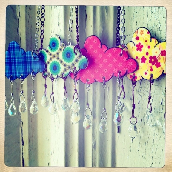 Rain Drops Woodland Bridesmaid Gift Weddings Cloud Rain Showers Pastels Pattern or Bright Customized Four Necklace Package Spring