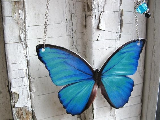 Teal Turquoise Blue Butterfly Necklace Jewelry for Her Large Pendant Gift
