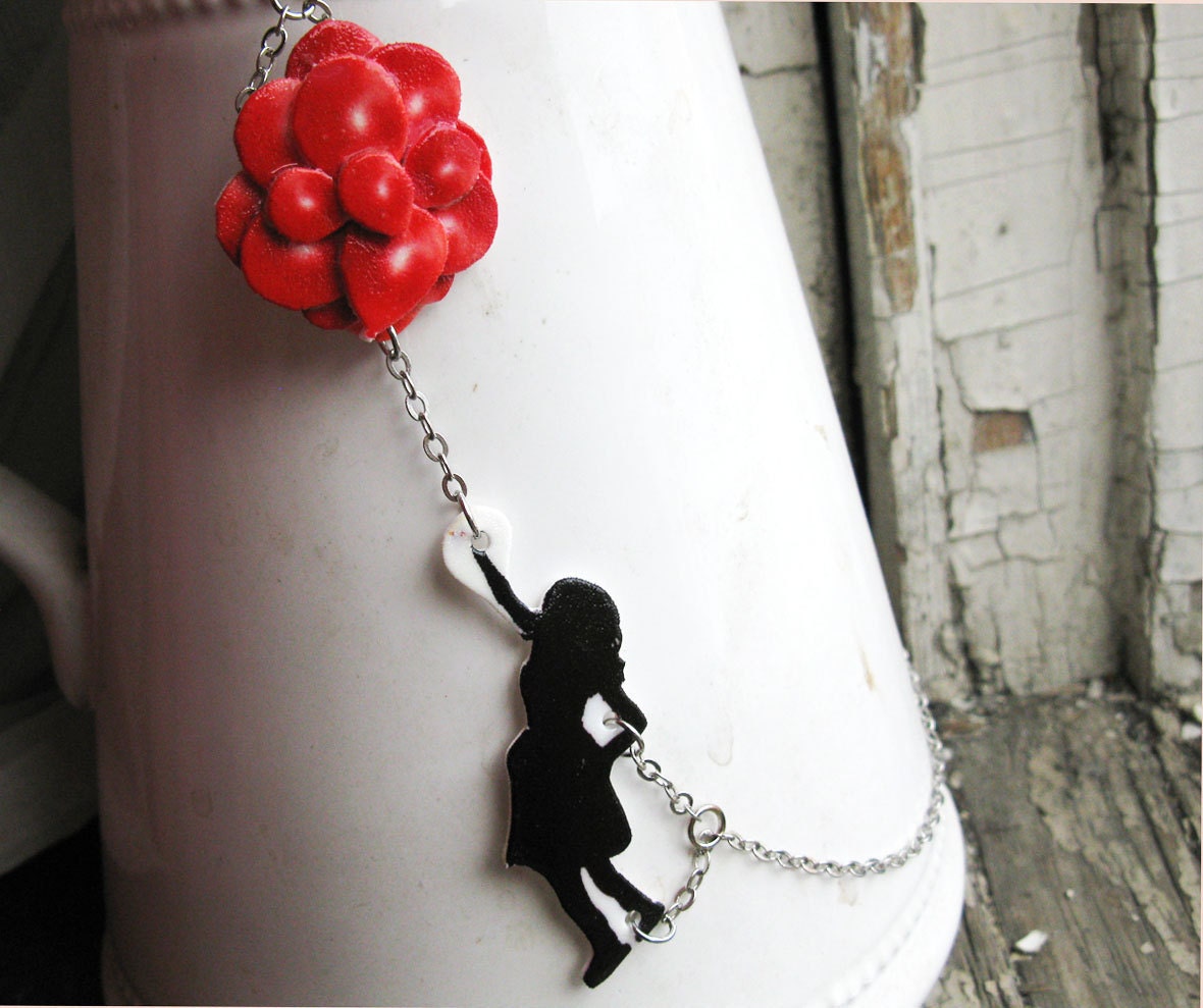 Silhouette Necklace Girl with Red Balloons Whimsical Sky Black
