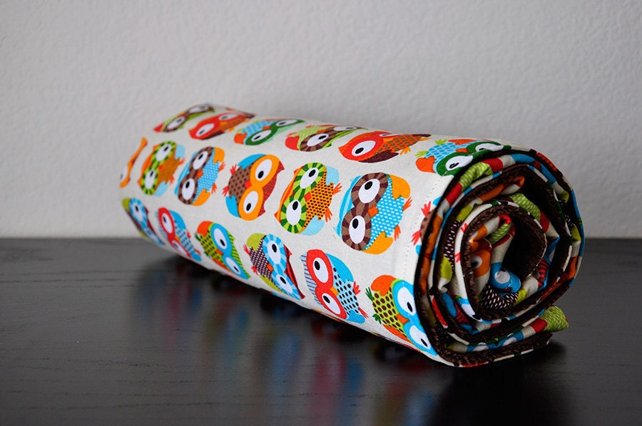 Owl Baby Blanket, Bright Owls in Cream by Alice Kennedy and Brown Bubble Dot Minky