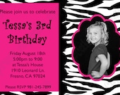 DIY hot pink Zebra  Birthday Party  PRINTABLE Invitation 5x7 pink black photo