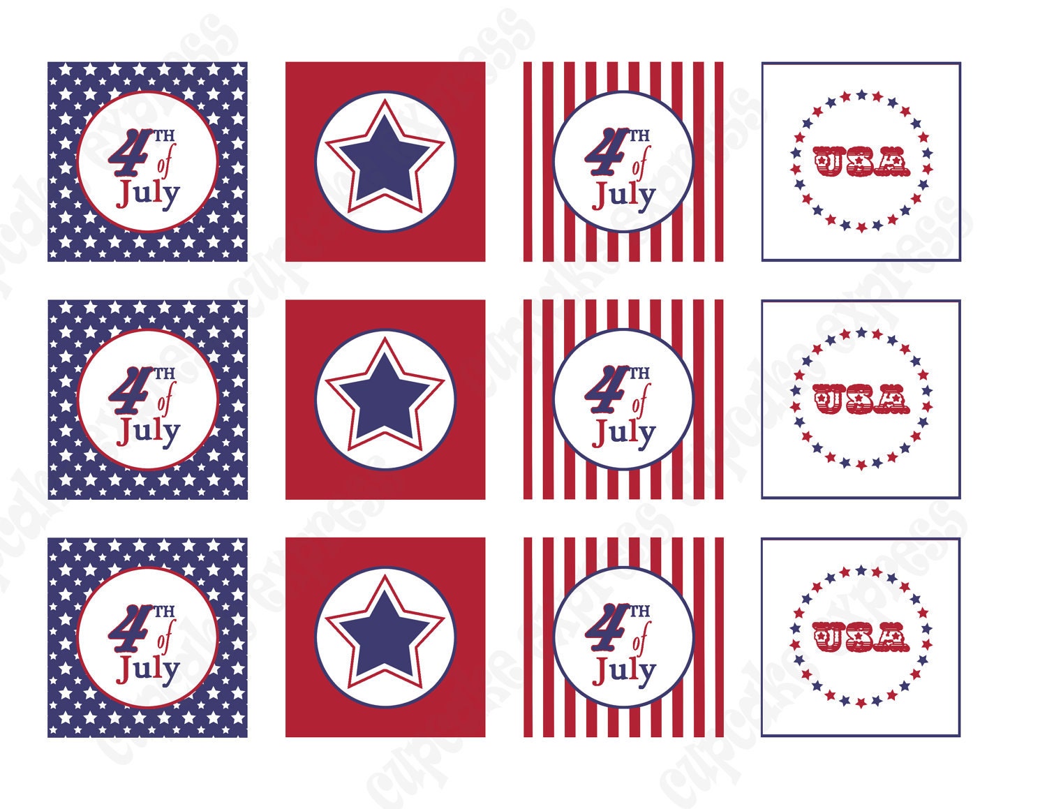 DIY 4th fourth of july  PRINTABLE Party Cupcake toppers red white blue stripes stars