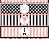 DIY Paris Printable Birthday Party Water Bottle Labels wraps pink black stripes polka dots damask Il_170x135