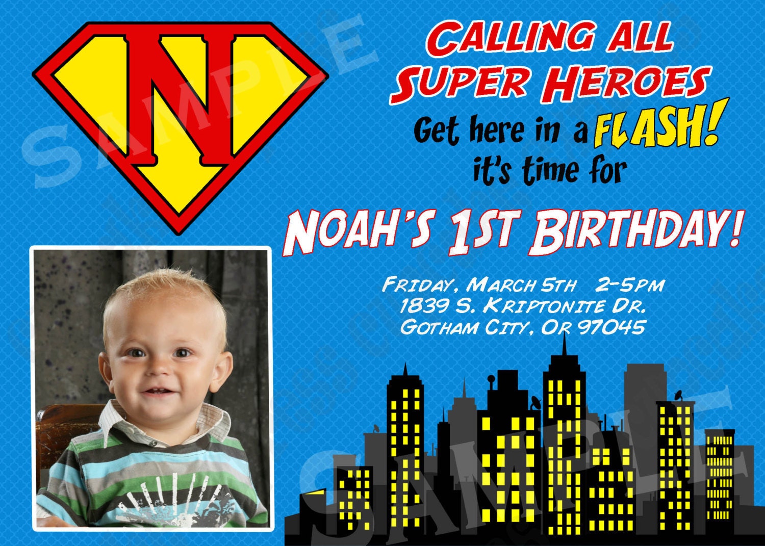 DIY Super Hero Birthday Party  PRINTABLE Invitation 5x7 4x6 blue yellow red black Photo
