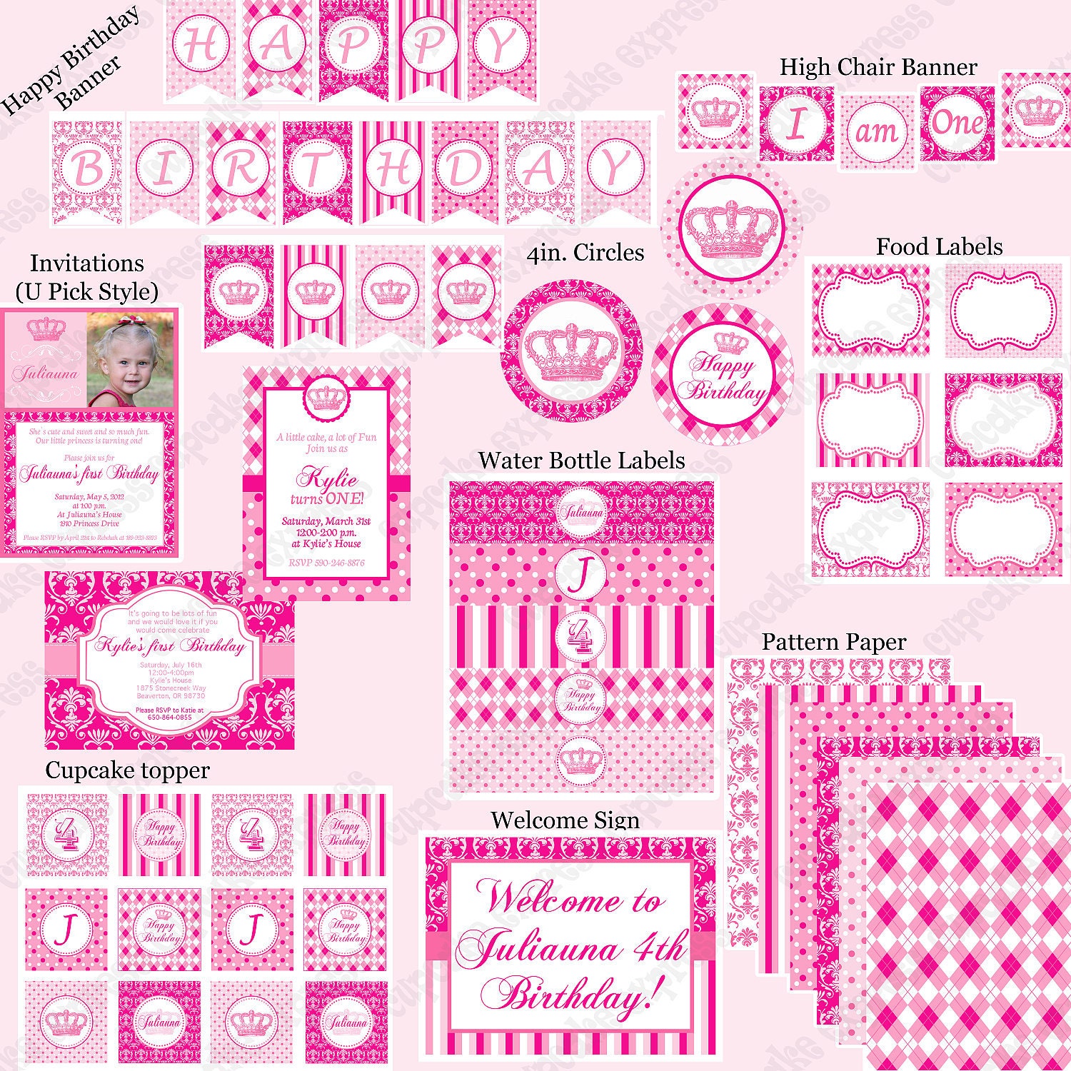 DIY Preppy Couture Birthday Collection PRINTABLE Party  Deluxe  Package  light pink hot pink  damask crown