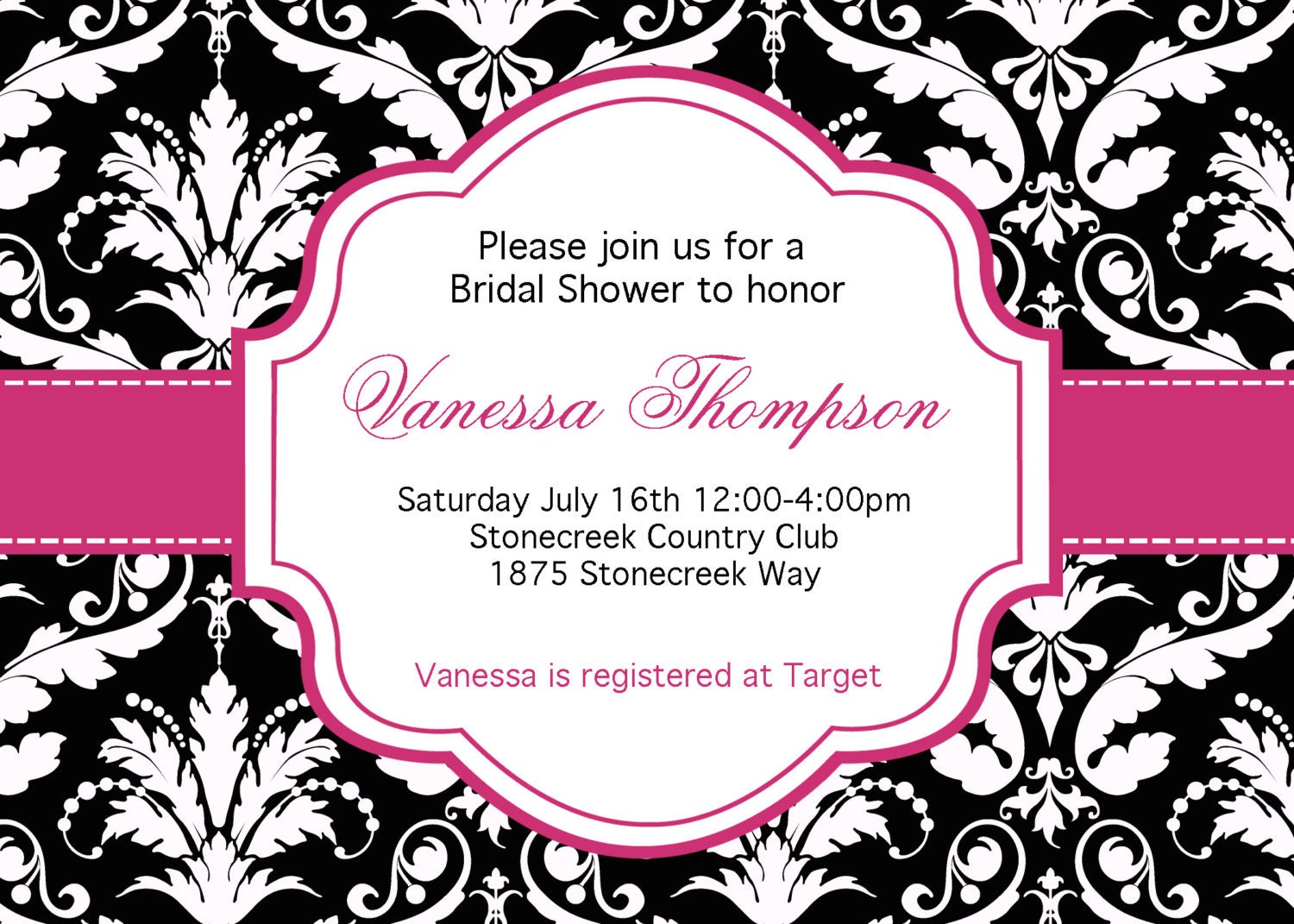 DIY Black and white damask hot pink Bridal Shower PRINTABLE Invitation 5x7 Pink black Il_570xn