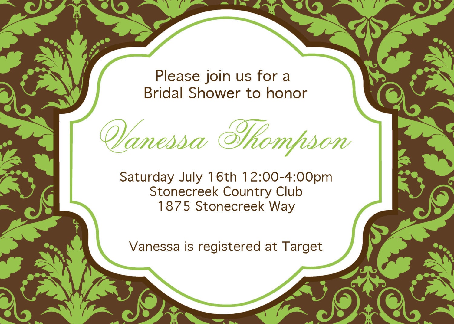 DIY Bridal Shower 4 PRINTABLE Invitation 5x7 brown lime green damask Il_570xn