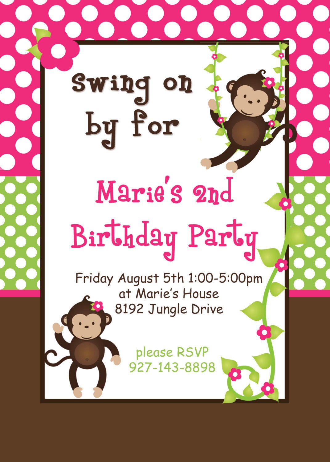 DIY Monkey Birthday Party PRINTABLE Invitation 5x7 4x6 pink green brown girl Need them PRINTED just ask... Il_570xn