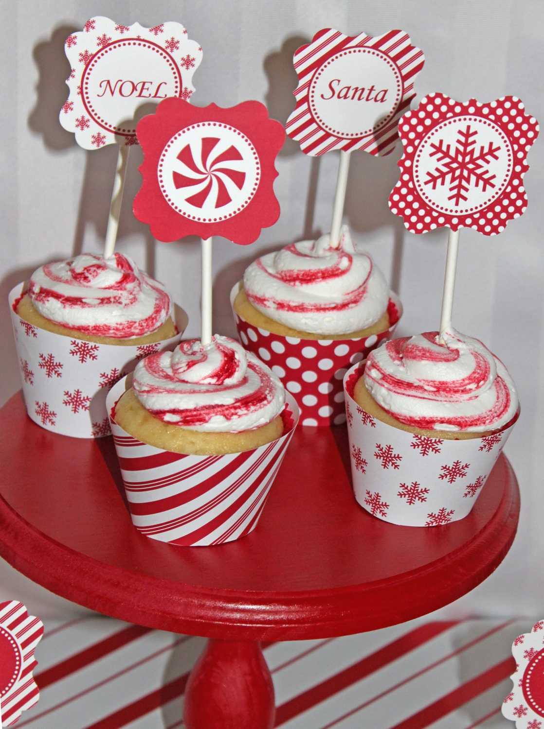 SALE DIY Christmas Holiday candy cane  snowflakes  Printable Party Circles 2in cupcake toppers  red white