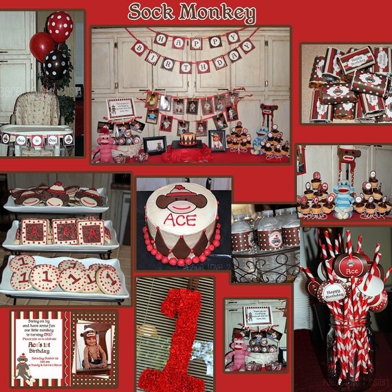 DIY Sock Monkey Deluxe Birthday Party PRINTABLE Part Package Red brown Personalized - Cupcake Express Il_570xn