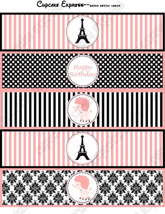 DIY Paris Printable Birthday Party Water Bottle Labels wraps pink black stripes polka dots damask Il_570xn