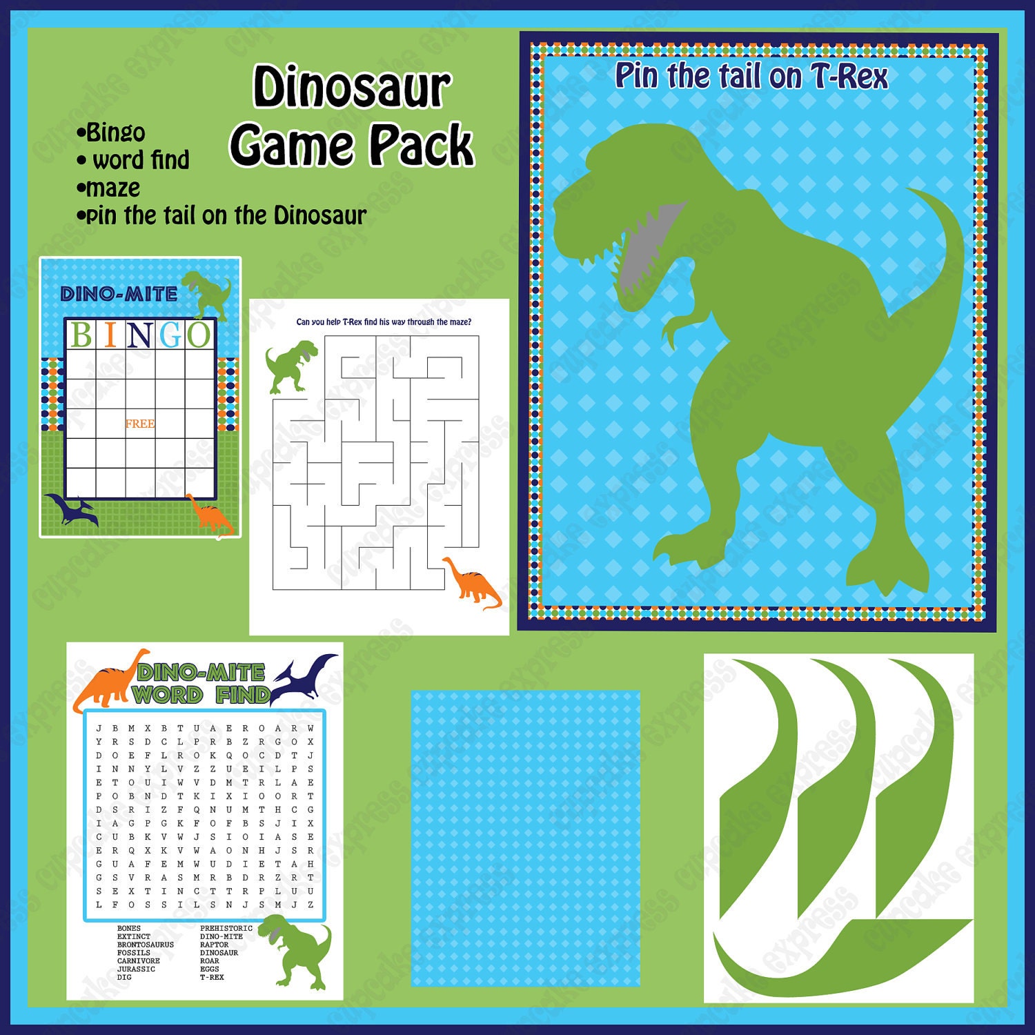 DIY Dinosaur Birthday Party PRINTABLE GAME pack Bingo Maze Word Find Pin the tail on the dinosaur blue green orange Il_570xn
