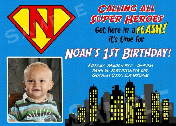 DIY Super Hero Birthday Party PRINTABLE Invitation 5x7 4x6 blue yellow red black Photo Il_570xn