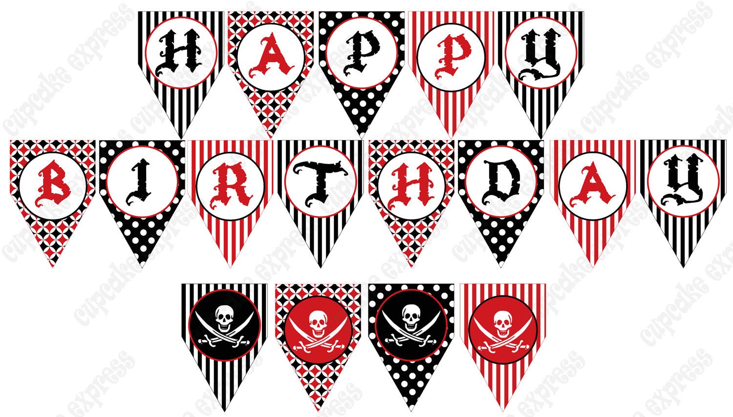 INSTANT DOWNLOAD diy Pirate Birthday Party PRINTABLE pendant Banner red black white sculls sign -Cupcake Express Il_570xn