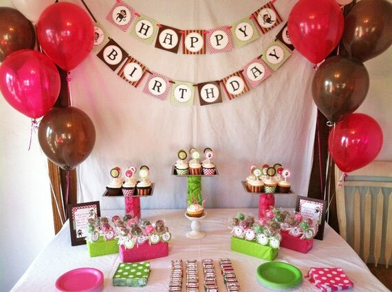 DIY Girl Monkey Birthday Collection PRINTABLE Party Package Banner Cupcake toppers Invitation pink green Il_570xn