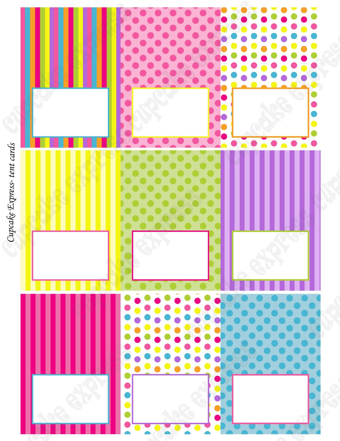 INSTANT DOWNLOAD diy Candy Shoppe Birthday Party PRINTABLE Tent Cards pink green blue yellow orange candyland -Cupcake Express Il_570xn