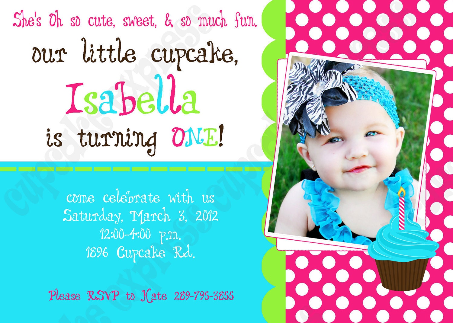 DIY Cupcake 2 Birthday Party PRINTABLE Invitation 5x7 4x6 pink green aqua GIRL first 1st Il_570xn