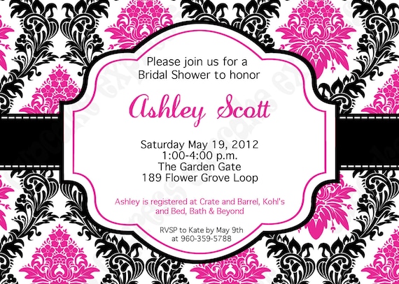 damask hot pink black white PRINTABLE Bridal Shower 2 Invitation 5x7 Pink black baby shower wedding Il_570xn