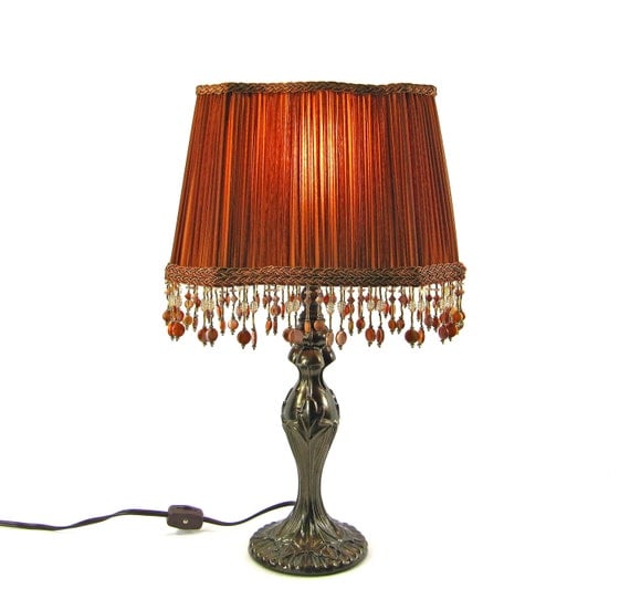 Table Lampshade Custom Handmade Design Pleated Burnt Orange with Beaded Fringe