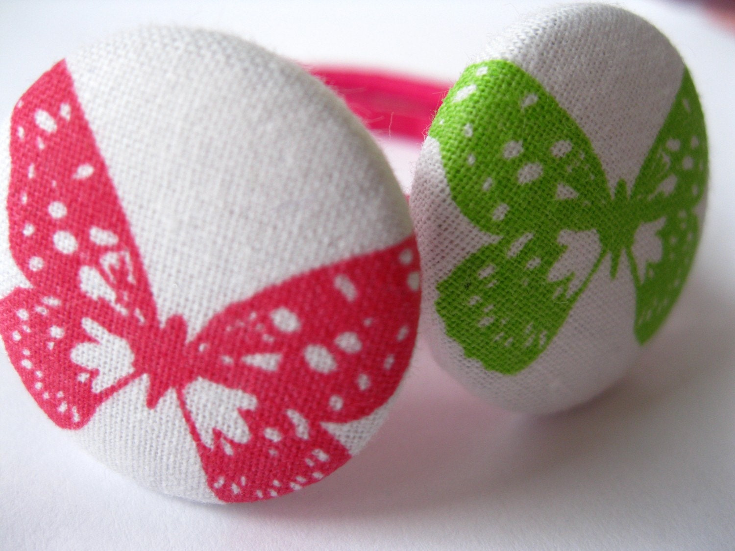 Ponytail holders : Pink and Green Butterflies on White Skies - Set of Two Covered Button Pony Elastics