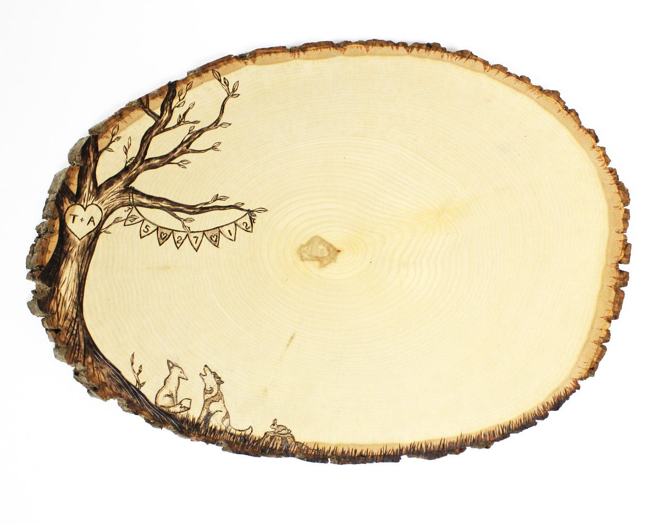 Animal Banner Design: Wood slice rustic theme wedding guest books. Personalized