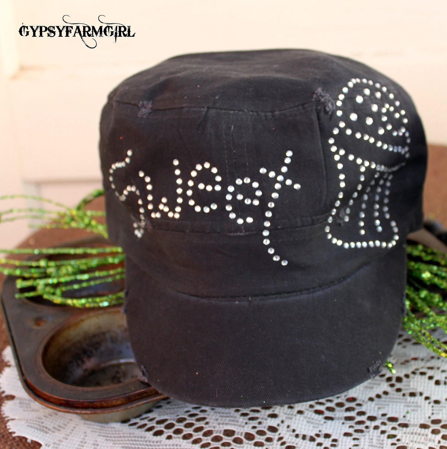 Sweet Cupcake Black Hat Short Billed Military Style Womens Cap Rhinestone Bling