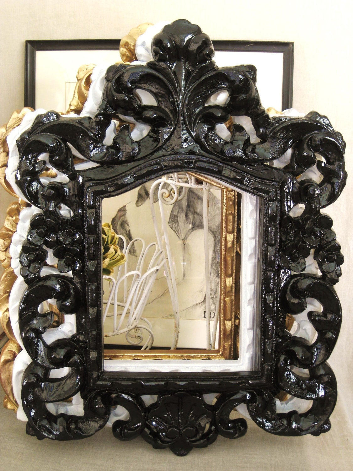 40% off Entire Shop - Black High Gloss Roccoco Frame - Frames/ Mirrors