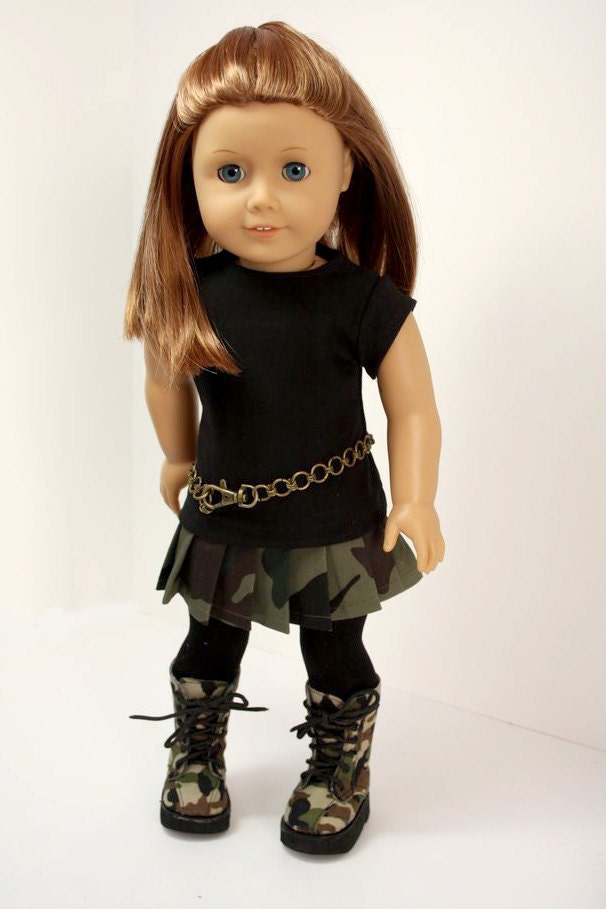American Girl Doll Clothes-T Shirt, Pleated Skirt, Tights, Belt and Camo Boots