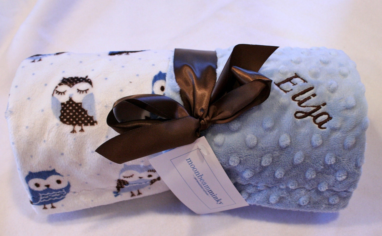 Monogrammed Minky Baby Blanket -  Brown and Blue OWL print - Personalized Custom Two sided