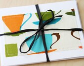 Blank Note Cards - Coffee and Tea Cups Fabric - Set of 4 - FREE US SHIPPING