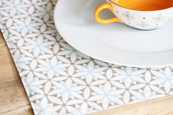 Cloth Placemats - Blue with Greyish Brown Design - Set of 2