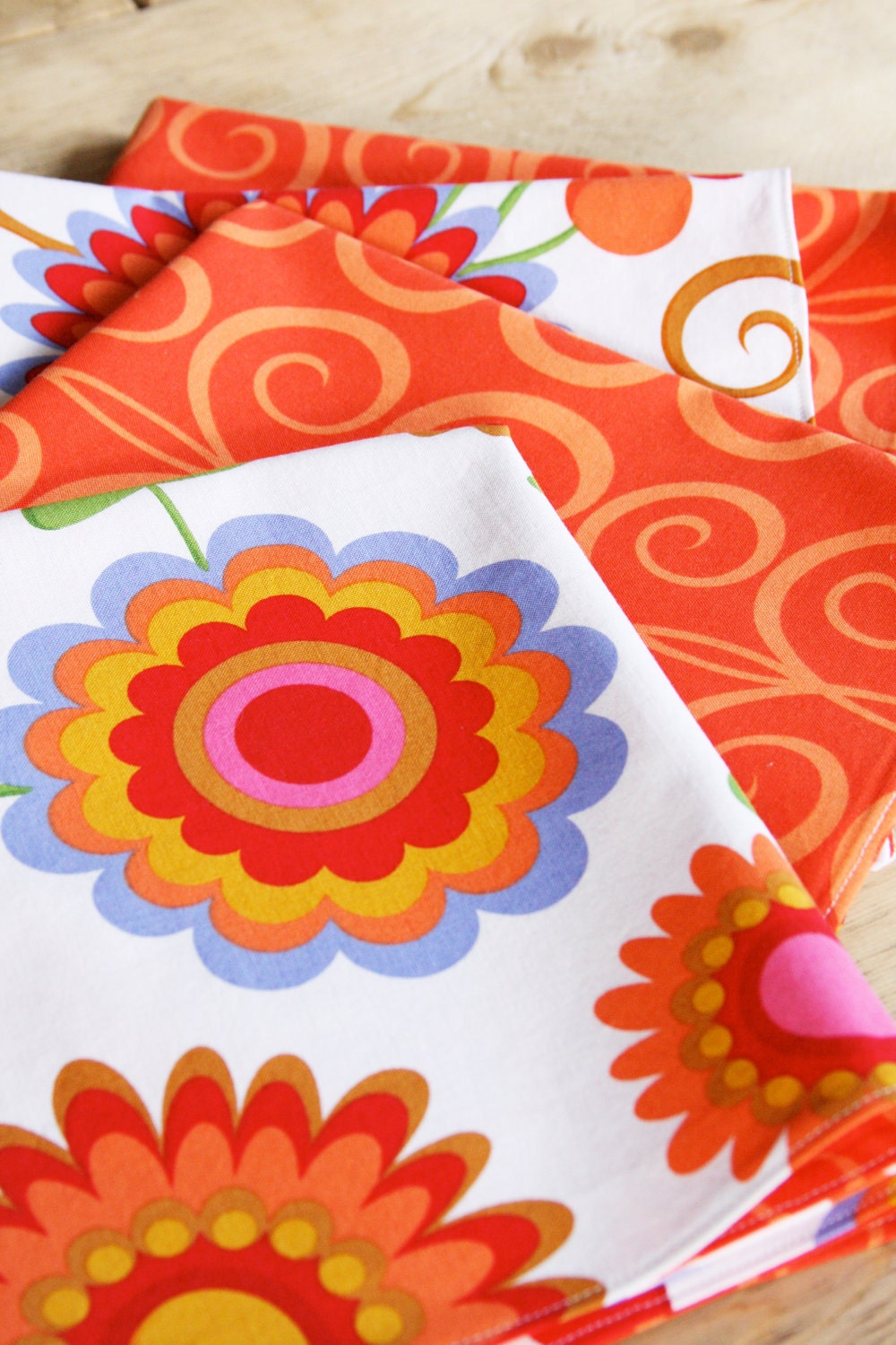 Cloth Napkins - LAST 2 SETS - Floral with Orange Squiggle - Set of 4 Reversible Cloth - Free US Shipping
