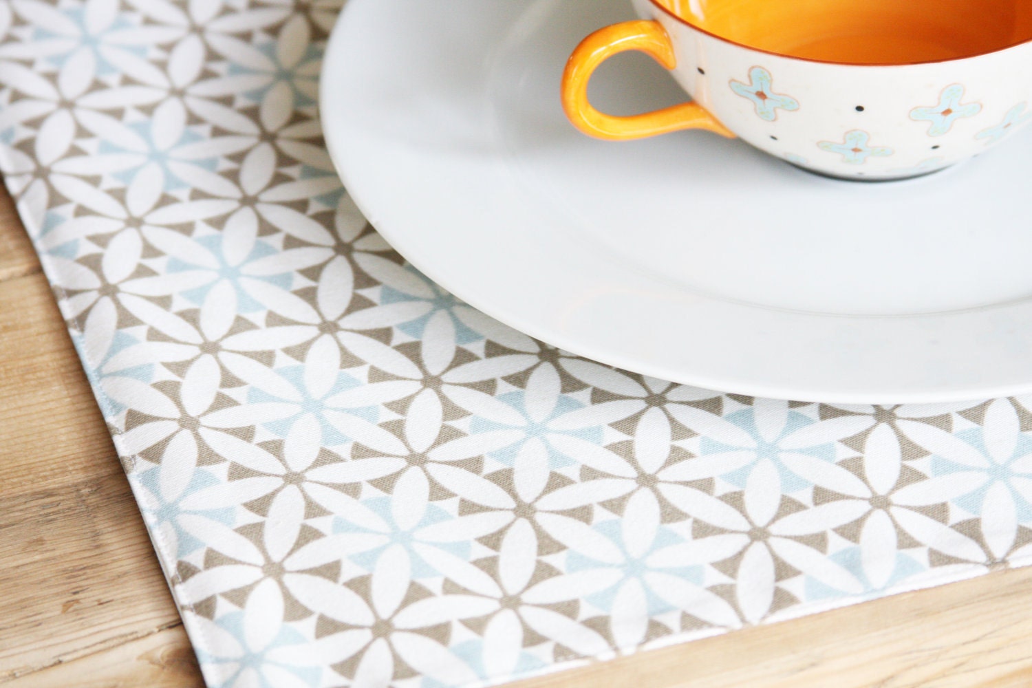 Cloth Placemats - Blue with Greyish Brown Design - Set of 2