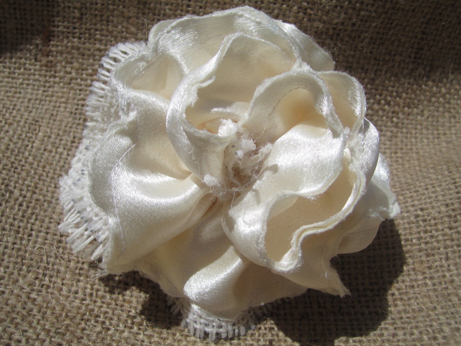 Ivory burlap flower - ivory satin - hair clip - sash flower - wedding flower - bridesmaids hair flower