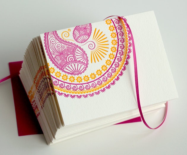 Letterpress Note Card Stationery Thank You  Everyday Hindu Indian Design - Set of 25