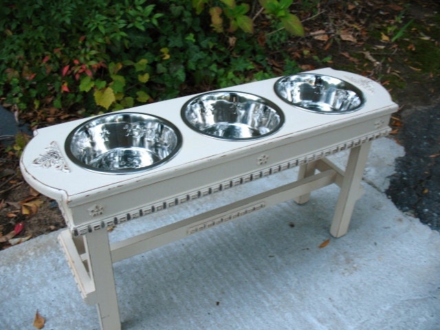 Elevated  Wood Pet Feeder For Large Dogs, Antique White Shabby Chic Made to Order