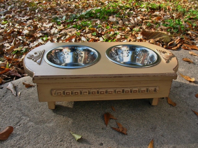 Shabby Chic Elevated Pet Feeder -Distressed Coffee with Chocolate Two - One Quart  Stainless Bowls Made To Order