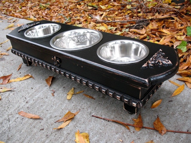 Black  Shabby Chic Three Bowl Elevated Dog Pet Feeder -  1 One Quart and Two One Pint Stainless Bowls, Made To Order