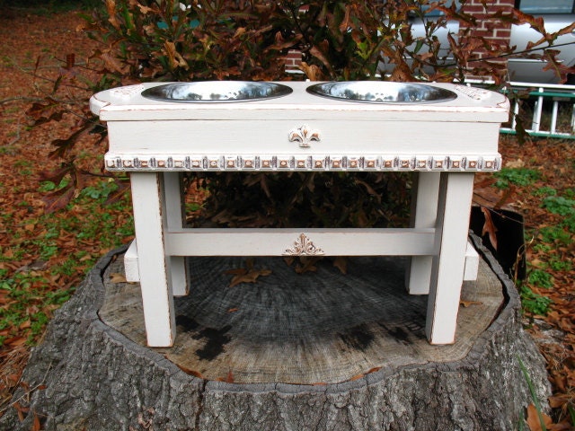 Elevated Pet Dog Bowl Feeder Shabby Chic Antique White For Large Dogs with Paw Print Bowls Made To Order