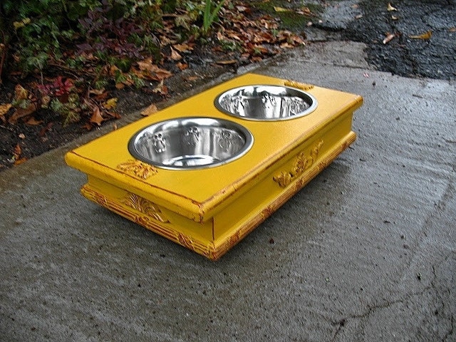 Shabby Chic Elevated Dog or Cat Pet Feeder -Distressed Marigold  Bronze Underlay Two - One Quart Paw Print Stainless Bowls Made to Order