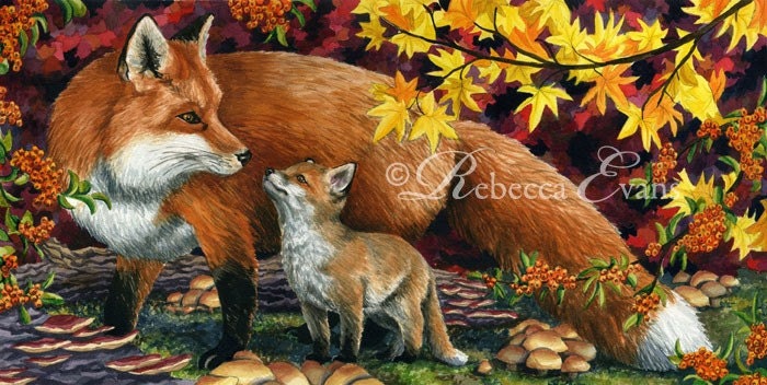 Illustration Art Print of Red Fox and Cub in Autumn Forest 8.5x11