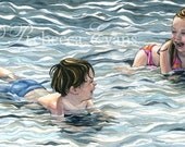 Illustration Art Print of Boy and Girl Playing in Ocean 8.5x11
