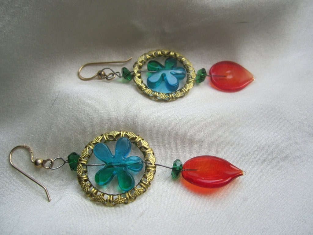 Colourful Flower Earrings with Glass Leaf