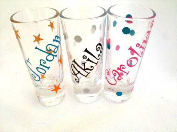 Personalized shot glasses, set of 3 for bachelorette or sorority gift idea