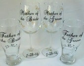 Wedding parents of the bride and groom personalized glasses.  4 glasses for Mother and Father of the Bride and Groom gift.