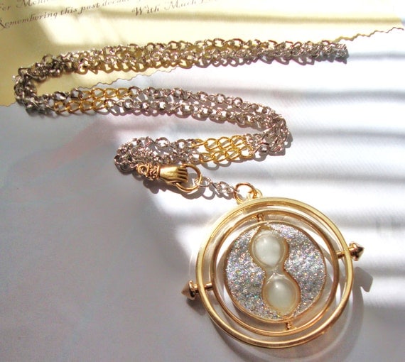 Harry Potter a Time Turner in Hand Necklace , Silver & Gold with Personalized Parchment Note (silver sparkly)