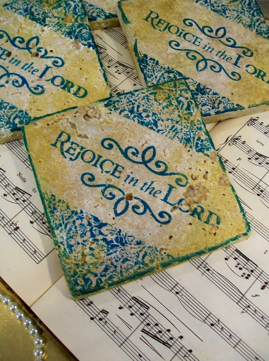 Coasters Religious Travertine Coaster Set of 4 Rejoice in the Lord Christian Art