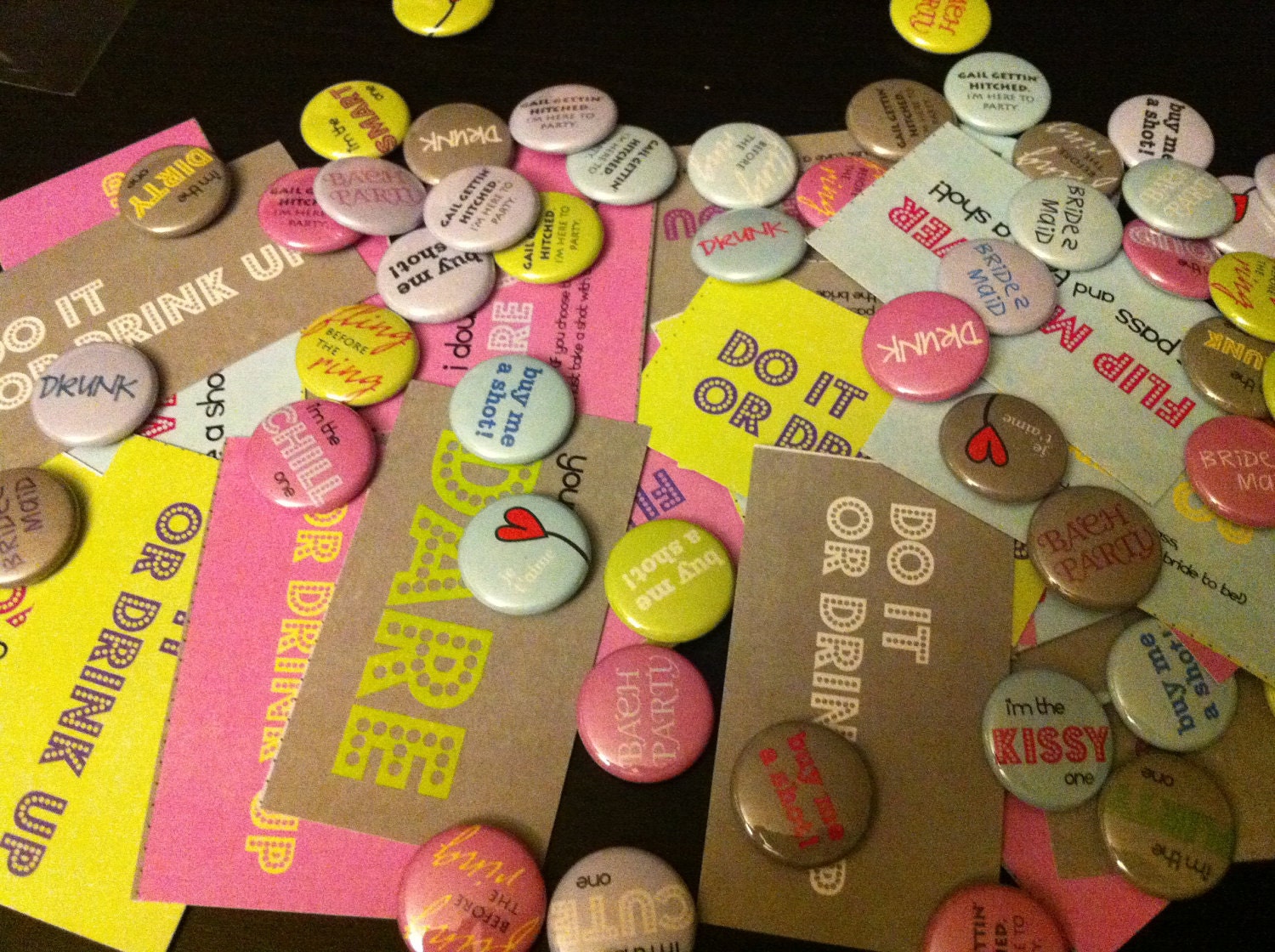 25 buttons and 48 Dare Cards - Bachelorette Party Pack