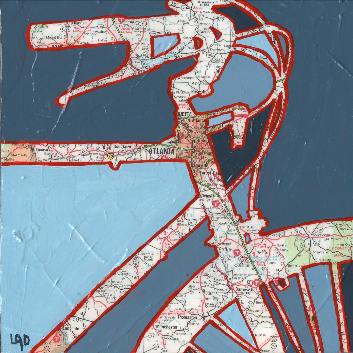 Bike Atlanta no.2 -bicycle art print of map painting