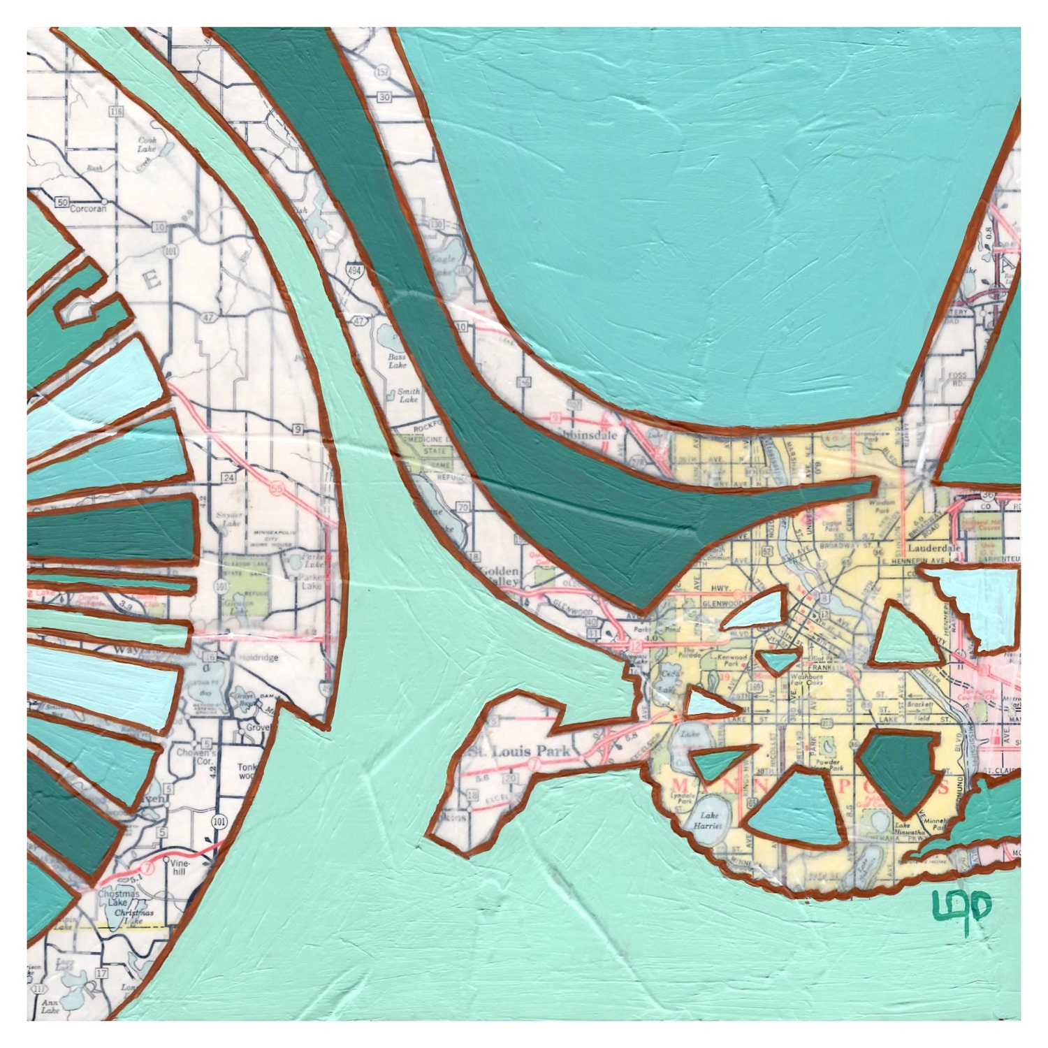 Bike Minneapolis - archival print of map painting with vintage map of Minneapolis